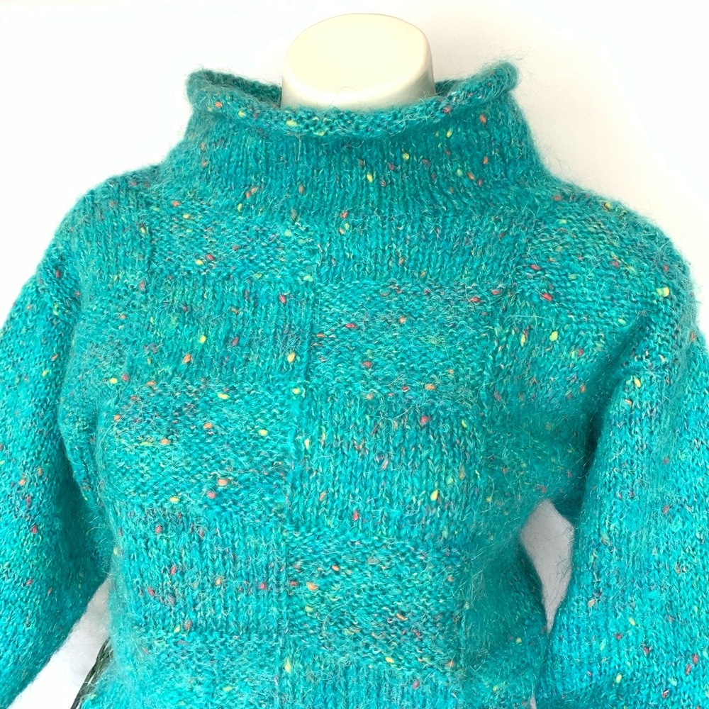 f u z z y :: Vintage Mohair Slouchy Turquoise Handmade Knit Sweater - Picture 3 of 14